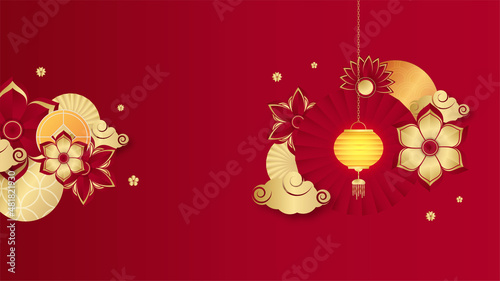 Chinese china universal red and gold background with lantern, flower, tree, symbol, and pattern. Red and gold papercut chinese background template
