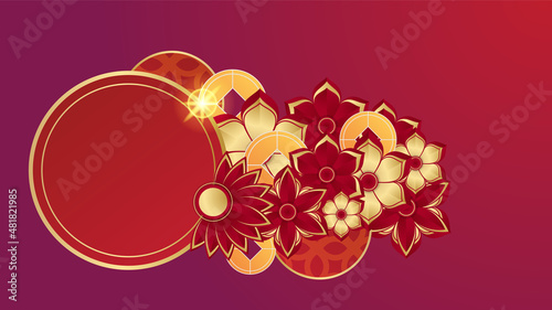 Chinese china universal red and gold background with lantern, flower, tree, symbol, and pattern. Red and gold papercut chinese background template