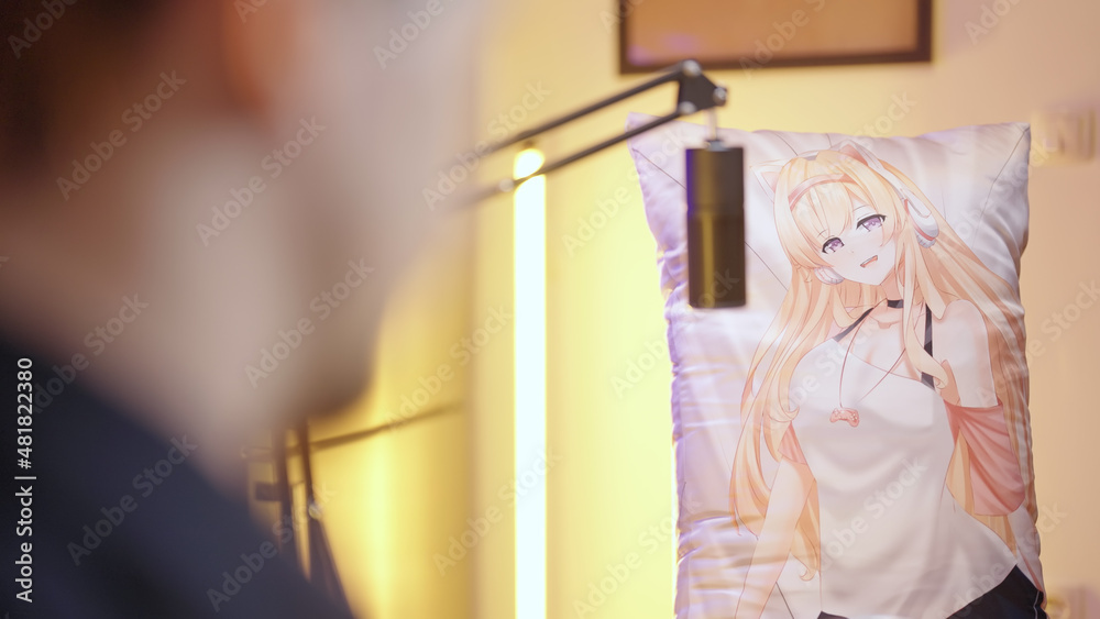 Cute anime girl dakimakura body pillow guest on live podcast talking into the microphone Cute anime girl dakimakura body pillow guest on live podcast talking into the microphone