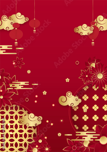 Photography Chinese china universal red and gold background with lantern, flower, tree, symbol, and pattern