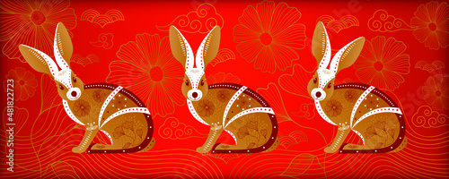 Big banner for happy chinese new year. Eastern zodiac symbol for 2023. Good for background, banner, poster, greeting card, wallpaper. Hieroglyph means Rabbit. Vector design element.