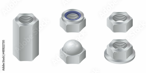 Isometric vector illustration steel nuts isolated on white background. Set of realistic hexagonal nut icons. Metal female screw. Nut bolt. photo