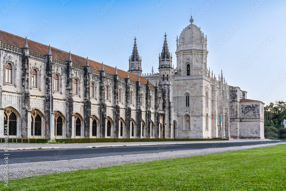 view of the facade of the church and monastery of the Jeronimos in Belem, Lisbon, Portugal.