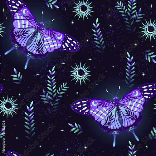 Magic seamless pattern with leaves and crescents. Boho magic background with violet space elements stars, butterflies. Trendy texture for print, textile, packaging.