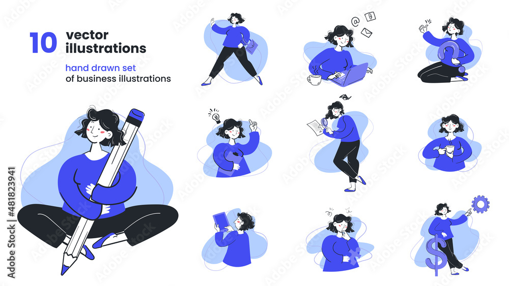 Fototapeta premium Hand drawn business marketing illustration set. Collection of scenes with woman taking business activities. Flat vector style.