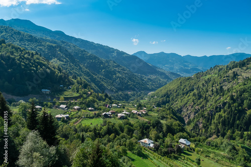Beautiful view of the houses in the gorge of the green mountains on a sunny day. Beautiful mountain landscape on a bright summer day  Georgia