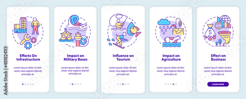 Effects of climate change on the economy onboarding mobile app screen. Walkthrough 5 steps graphic instructions pages with linear concepts. UI, UX, GUI template. Myriad Pro-Bold, Regular fonts used