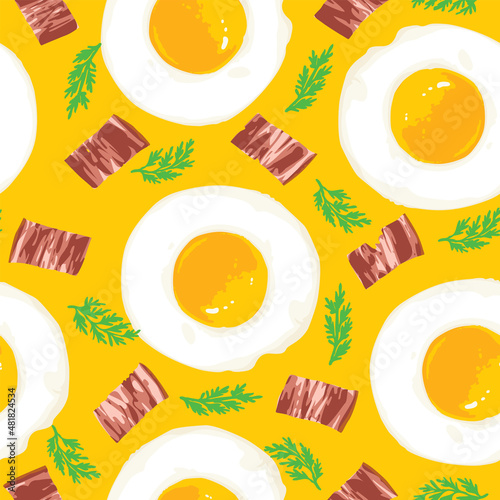 Seamless pattern with fried eggs, appetizing bacon and green dill. Mouthwatering vector background with scrambled eggs for breakfast on yellow backdrop. Suitable for wallpaper, wrapping paper, fabric