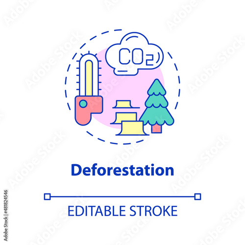 Deforestation concept icon. Forests clearance. Reasons for climate change abstract idea thin line illustration. Isolated outline drawing. Editable stroke. Roboto-Medium, Myriad Pro-Bold fonts used