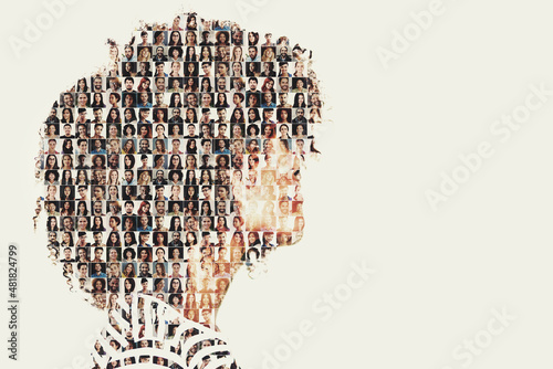Together we make one. Composite image of a diverse group of people superimposed on a woman's profile. photo