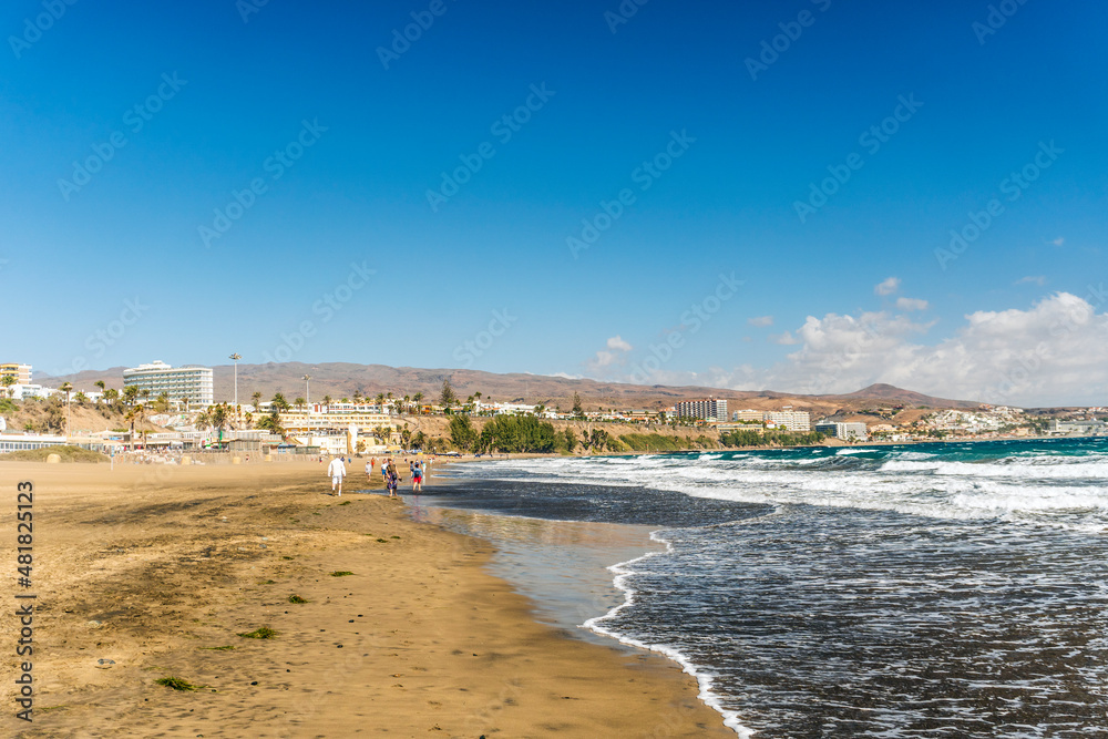 Sandy English beach known as Playa das Ingles in Maspalomas on Gran Canaria, Spain