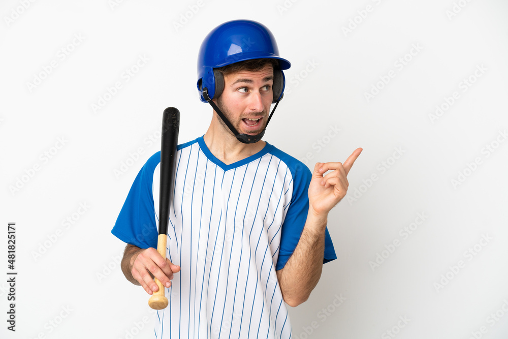 Young caucasian man playing baseball isolated on white background intending to realizes the solution while lifting a finger up Young caucasian man playing baseball isolated on white background intending to realizes the solution while lifting a finger up