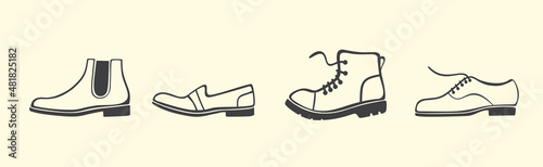 Shoe, boot, footwear image color SVG set. Tailored handmade bespoke shoe, footwear. Bootmaker, shoemaker, cobbler. Сustom shoe atelier, workshop. DIY shoemaking. Isolated flat vector illustration