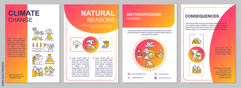 Climate change red gradient brochure template. Booklet print design with linear icons. Vector layouts for presentation, annual reports, ads. Arial-Black, Myriad Pro-Regular fonts used