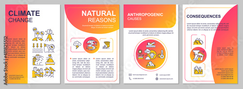 Climate change red gradient brochure template. Booklet print design with linear icons. Vector layouts for presentation, annual reports, ads. Arial-Black, Myriad Pro-Regular fonts used