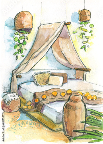 Bedroom watercolor sketch interior design wicker furniture cushions hotel vase valance fabric pastel eco friendly