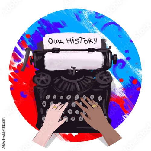 typewriter hands art modern style illustration family couple rings make up a story authors icon love story colorful skin man woman