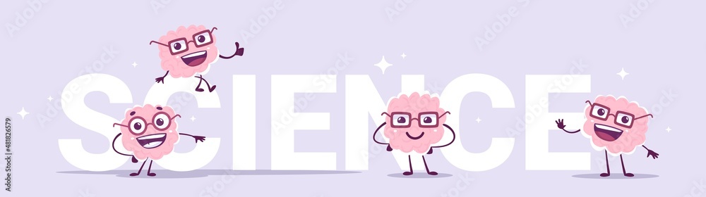 Vector illustration of team of happy pink brain character in glasses and word science on color background. Flat doodle style knowledge creative concept design of happy human brain character with word Vector illustration of team of happy pink brain character in glasses and word science on color background. Flat doodle style knowledge creative concept design of happy human brain character with word