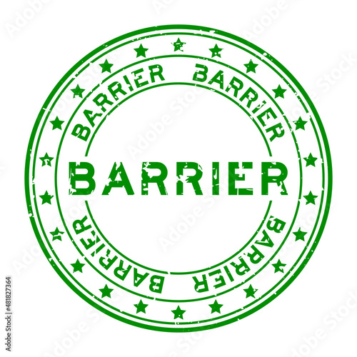 Grunge green barrier word with star icon round rubber seal stamp on white background