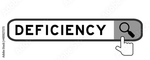 Search banner in word deficiency with hand over magnifier icon on white background