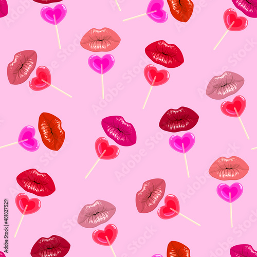 Lips, lipstick, lipgloss pattern with heart shaped lollypop candy. Valentines day romantic sexy background
