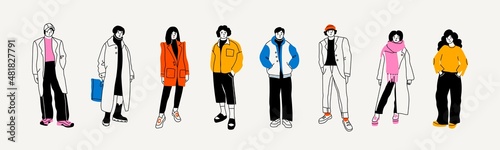 Street fashion look. Young men and women dressed in stylish trendy oversized clothing. Models standing in various poses. Korean japanese asian cartoon style. Hand drawn Vector isolated illustrations