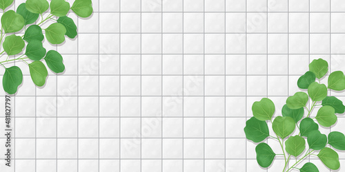 タイルの壁と植物の背景イラスト　ベクター素材　バナーサイズ