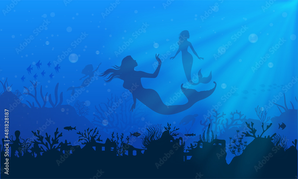 On blue sea mermaid landscape silhouettes. silhouette of mermaid with school fish and reef.