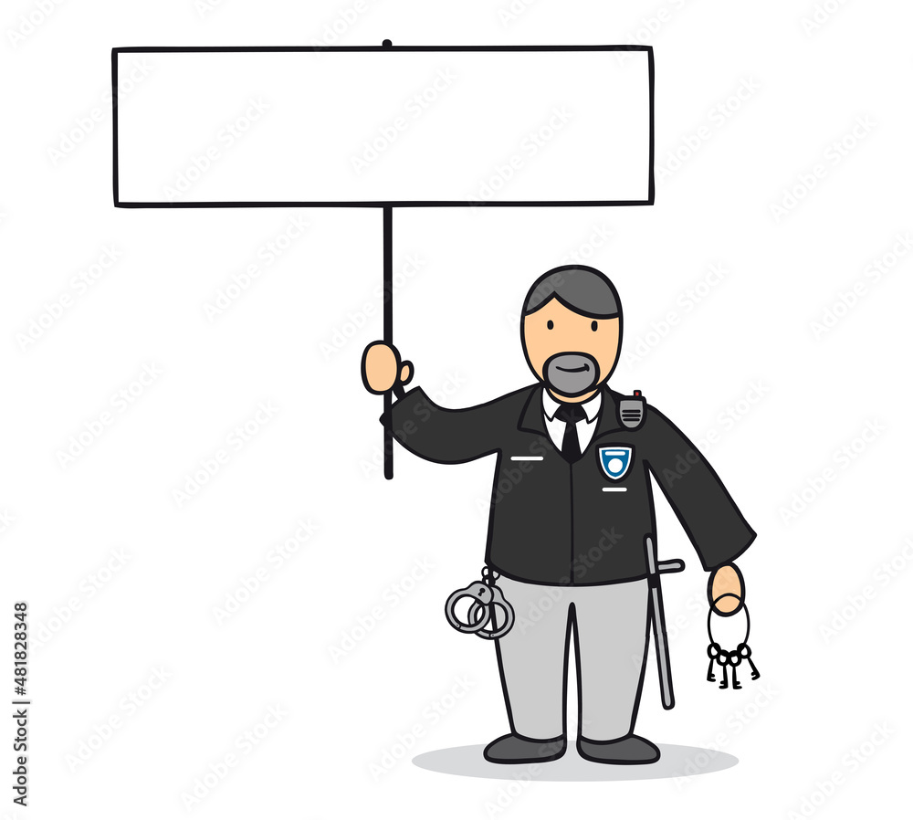 Cartoon Correctional Officer in den USA mit Schild Cartoon Correctional Officer in den USA mit Schild