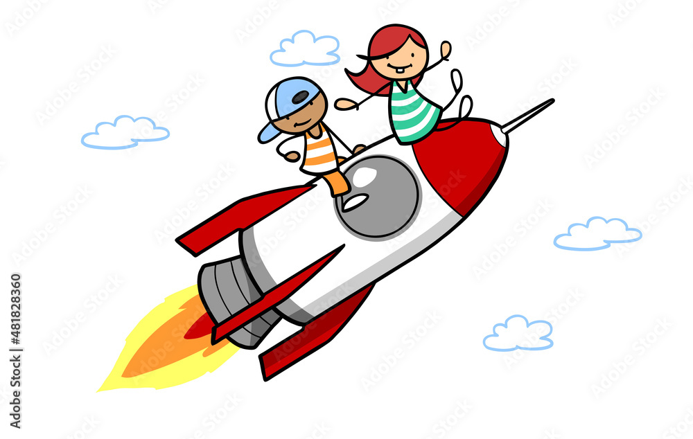 Zwei Cartoon Kinder reiten auf Rakete in den Weltraum