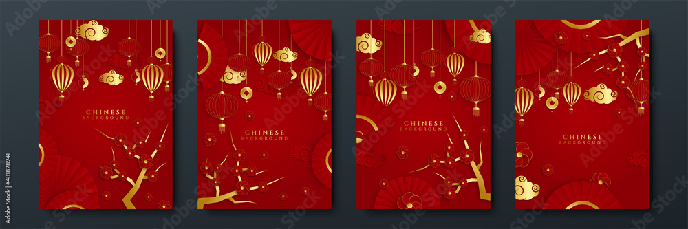 Red and gold papercut chinese background template. Chinese china universal red and gold background with lantern, flower, tree, symbol, and pattern.