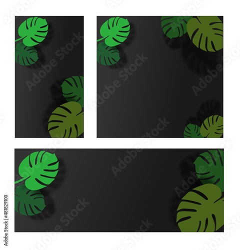 A set of templates for the Internet in a black color scheme. The green leaves are tropical on the sides of the patterns. 3D