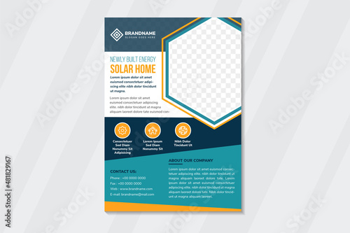 newly built energy solar home flyer design template use vertical layout with white background. combination of orange and multicolor blue on element design. hexagon space of photo collage.