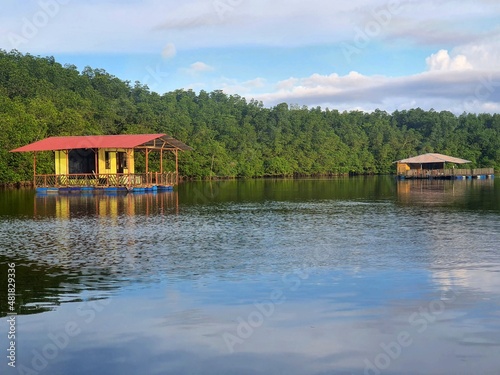 View of a river water and floating house in Sungai Lebam, Kota Tinggi, Johor, Malaysia.