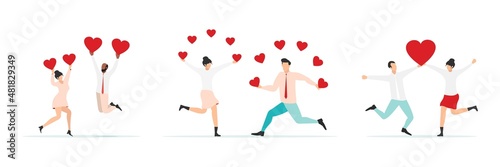 Group of smiling people holding hearts. Love. Valentine's Day. Vector of love and volunteering.