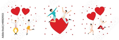 Group of smiling people holding hearts. Love. Valentine's Day. Vector of love and volunteering.