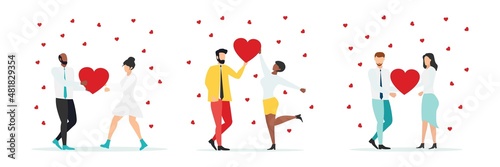 Group of smiling people holding hearts. Love. Valentine's Day. Vector of love and volunteering.