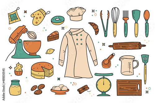 Colorful set of baking and cooking design elements. Chef uniform, stand mixer, cake, ingredients, utensils. Vector illustration in doodle hand drawn style
