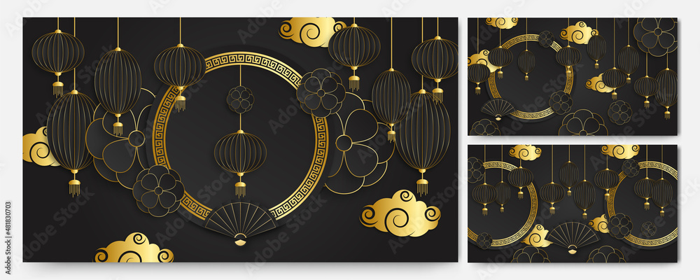 Happy chinese new year black gold chinese design background