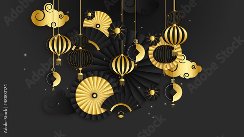 Black and gold chinese china background with lantern, lamp, border, frame, pattern, symbol, cloud, rigid fixed fan and flower.