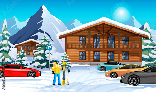 Skier with ski stand on parking among cars, pines, wooden houses, cottages, snowy roofs in mountains, village, ski resort. Sportsman, alpine skiing equipment. Winter landscape. Vector illustration