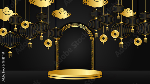 Black and gold chinese china background with lantern, lamp, border, frame, pattern, symbol, cloud, rigid fixed fan and flower.