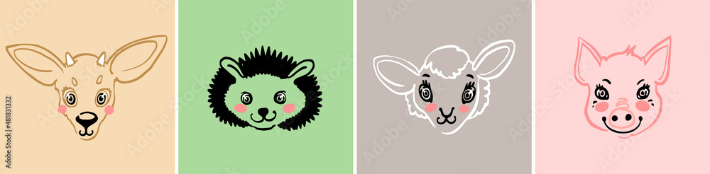 Forest animals portrait: pig, sheep, hedgehog, fox, deer. T-shirt print sketch. Cartoon cute animal head illustration. Vector hand drawing doodle logo style.