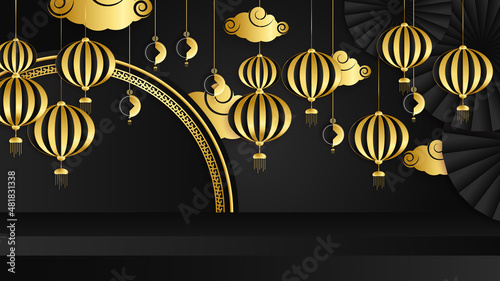 Black and gold chinese china background with lantern, lamp, border, frame, pattern, symbol, cloud, rigid fixed fan and flower.