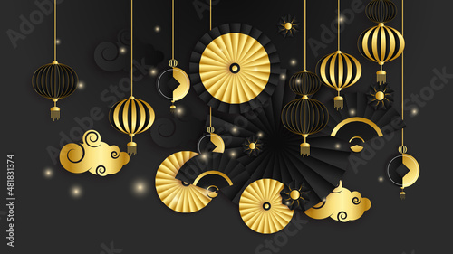 Black and gold chinese china background with lantern, lamp, border, frame, pattern, symbol, cloud, rigid fixed fan and flower.