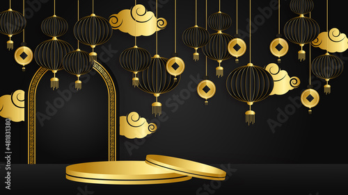 Black and gold chinese china background with lantern, lamp, border, frame, pattern, symbol, cloud, rigid fixed fan and flower.