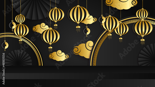 Black and gold chinese china background with lantern, lamp, border, frame, pattern, symbol, cloud, rigid fixed fan and flower.