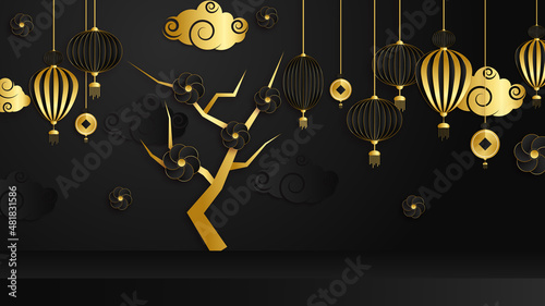 Black and gold chinese china background with lantern, lamp, border, frame, pattern, symbol, cloud, rigid fixed fan and flower.