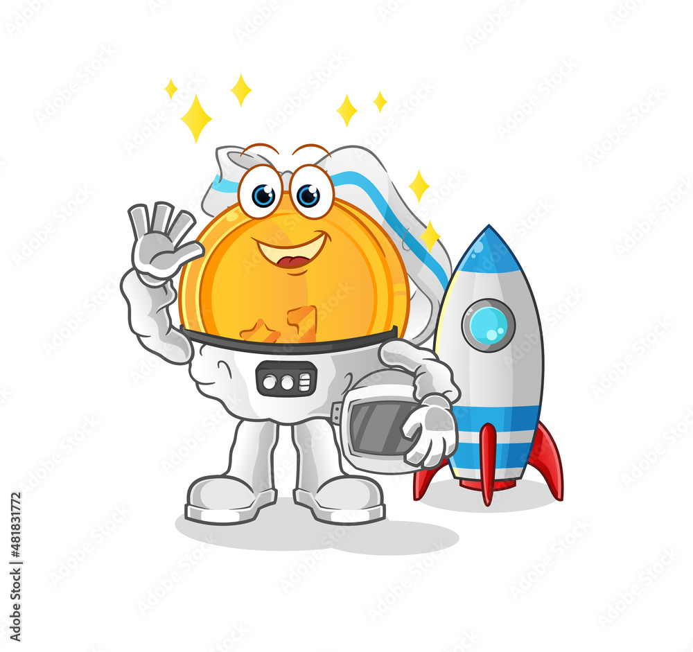 medal astronaut waving character. cartoon mascot vector