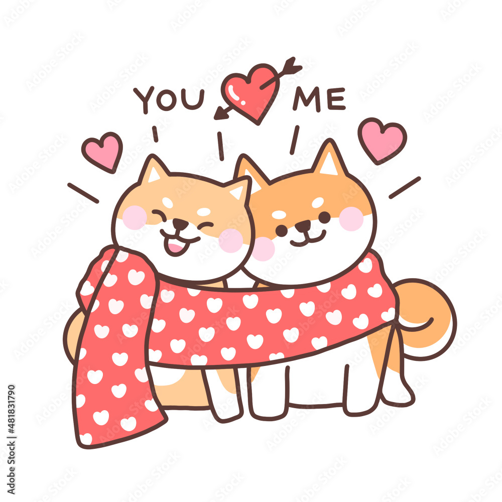Fototapeta premium Draw vector illustration character design couple of shiba inu dog with text for valentines day.Love concept doodle cartoon style.